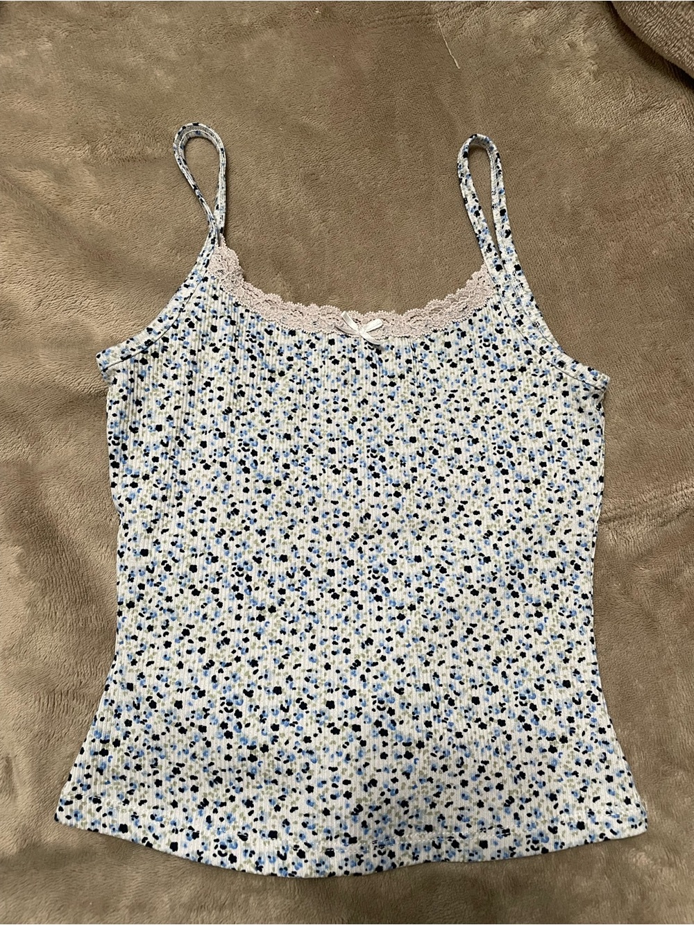 Floral Ribbed Cami Tank Top - Blue/White